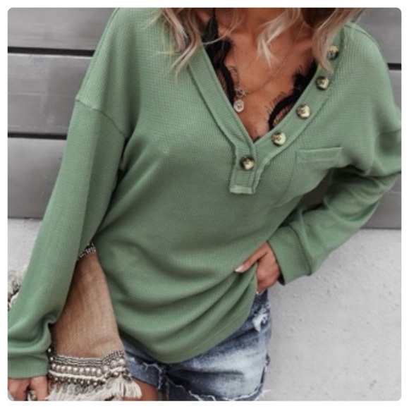 Miss Sparkling Tops - Miss Sparkling Green Button-Detail Long Sleeve Top